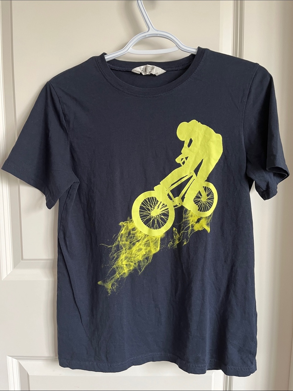 H&M Navy Tee with Neon Yellow BMX Rider Graphic